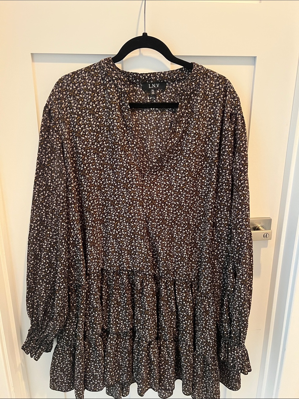 Brown Floral Mini Dress - V-Neck Tiered Long Sleeve